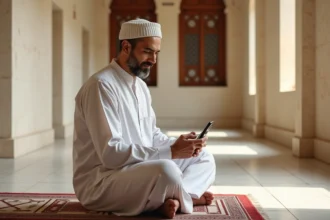 Homme consultant les horaires de prière sur son téléphone dans une mosquée d'Argenteuil