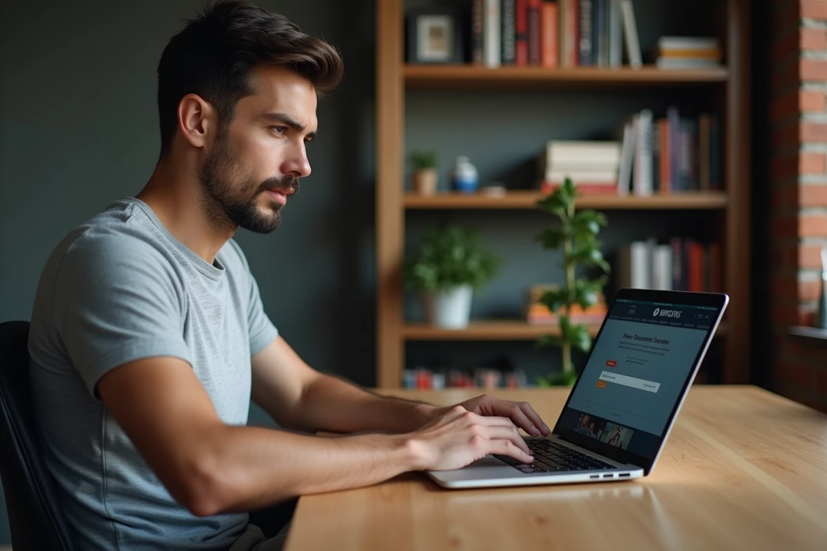 Homme utilisant un ordinateur portable pour entrer un code promotionnel Canal Plus gratuit sans engagement