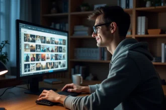Jeune homme parcourant un feed infini de mèmes et de contenu viral sur Scrolller depuis son bureau à domicile