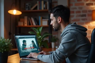 Homme consultant le site de streaming 1jour1film sur un ordinateur portable dans un bureau à domicile