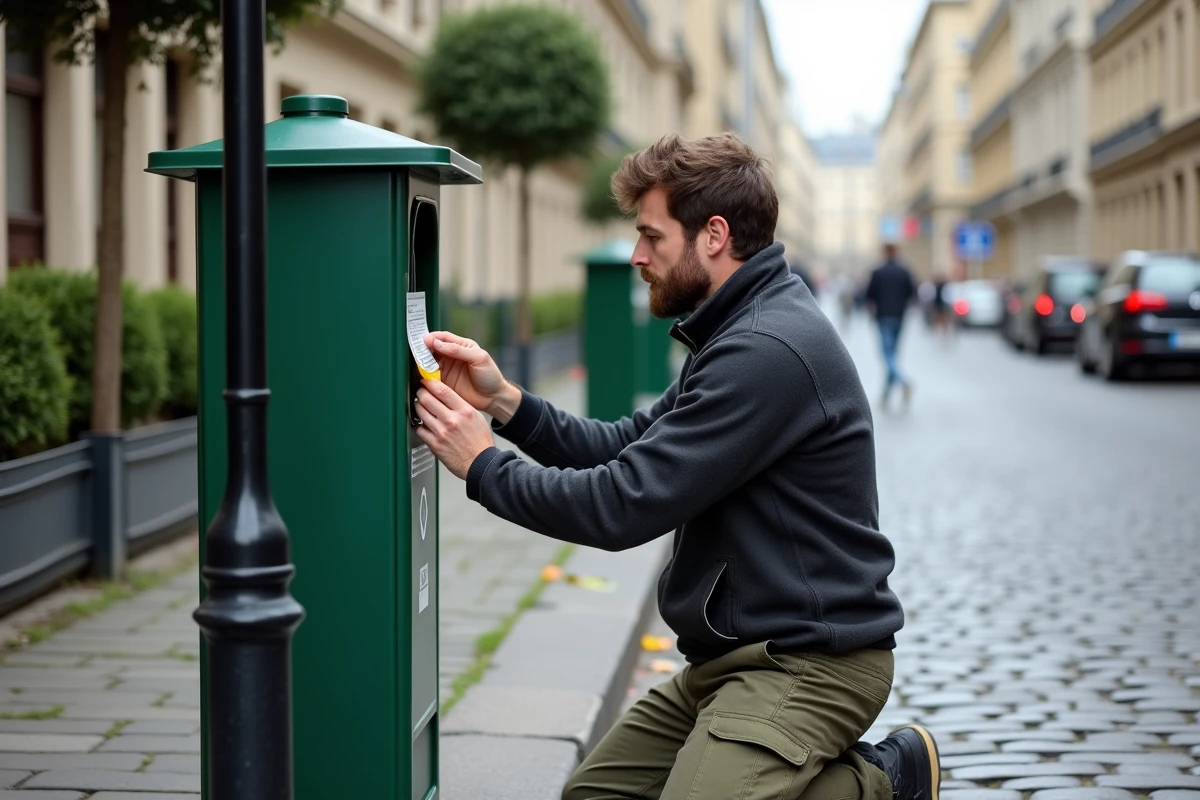 Homme installant un composteur urbain sur un trottoir dans une ville française dans le cadre d'une initiative écologique