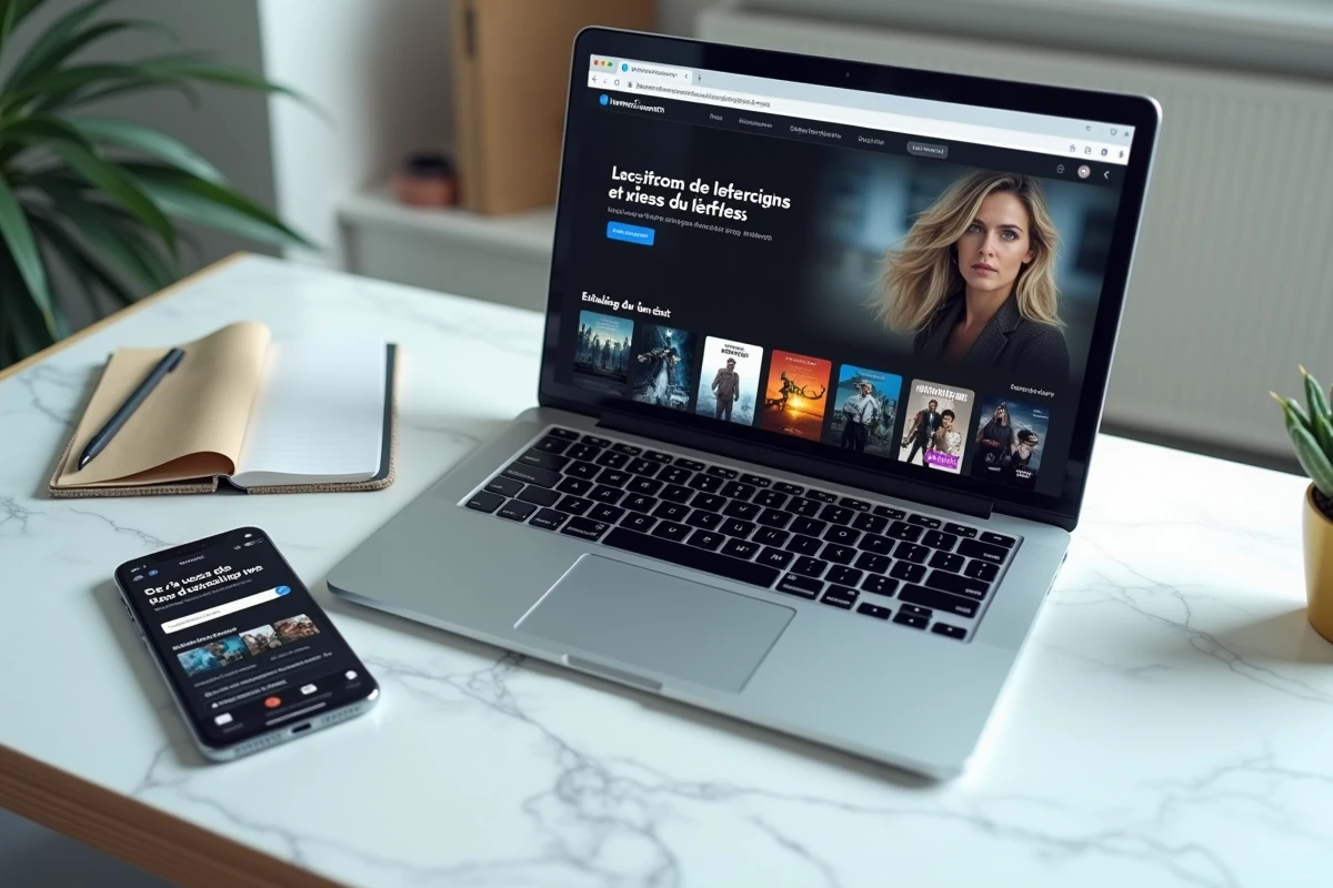 Ordinateur portable affichant un site de streaming français posé sur un bureau minimaliste en marbre