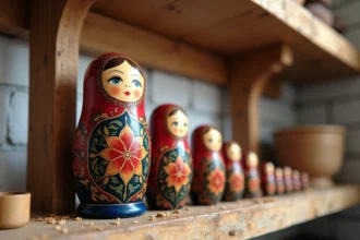 Rangée de poupées russes matriochkas peintes à la main sur une étagère en bois dans un atelier artisanal