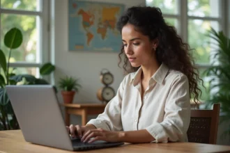Femme réunionnaise en télétravail participant à une réunion en ligne avec une carte des fuseaux horaires au mur