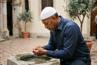 Homme musulman effectuant les ablutions avant la prière dans une mosquée d'Annemasse