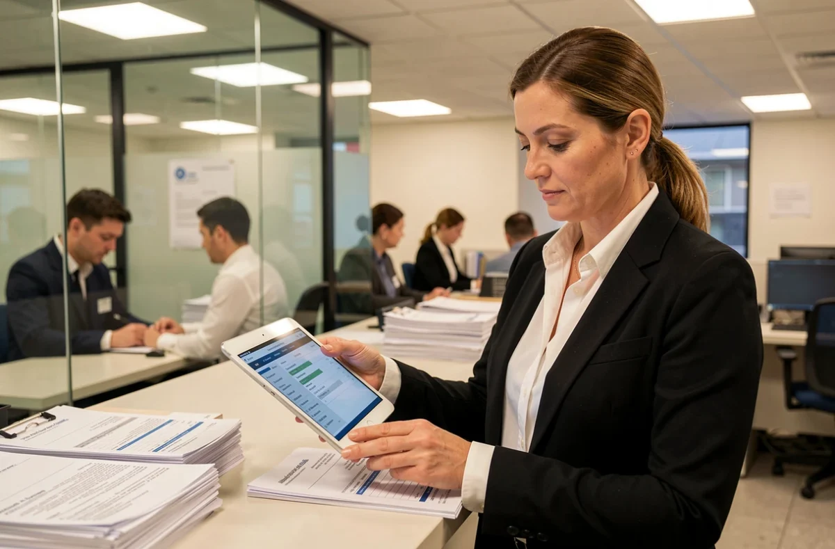 Agente de conformité commerciale comparant des formulaires de poids en kilogrammes et tonnes sur une tablette dans un bureau de douane moderne