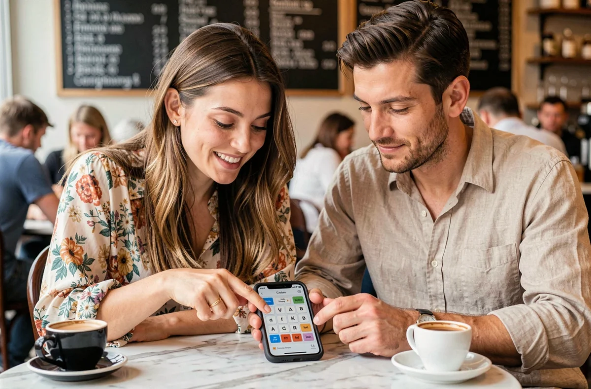 Deux amis souriants cherchant ensemble la solution du mot de passe Codycross sur un smartphone dans un café