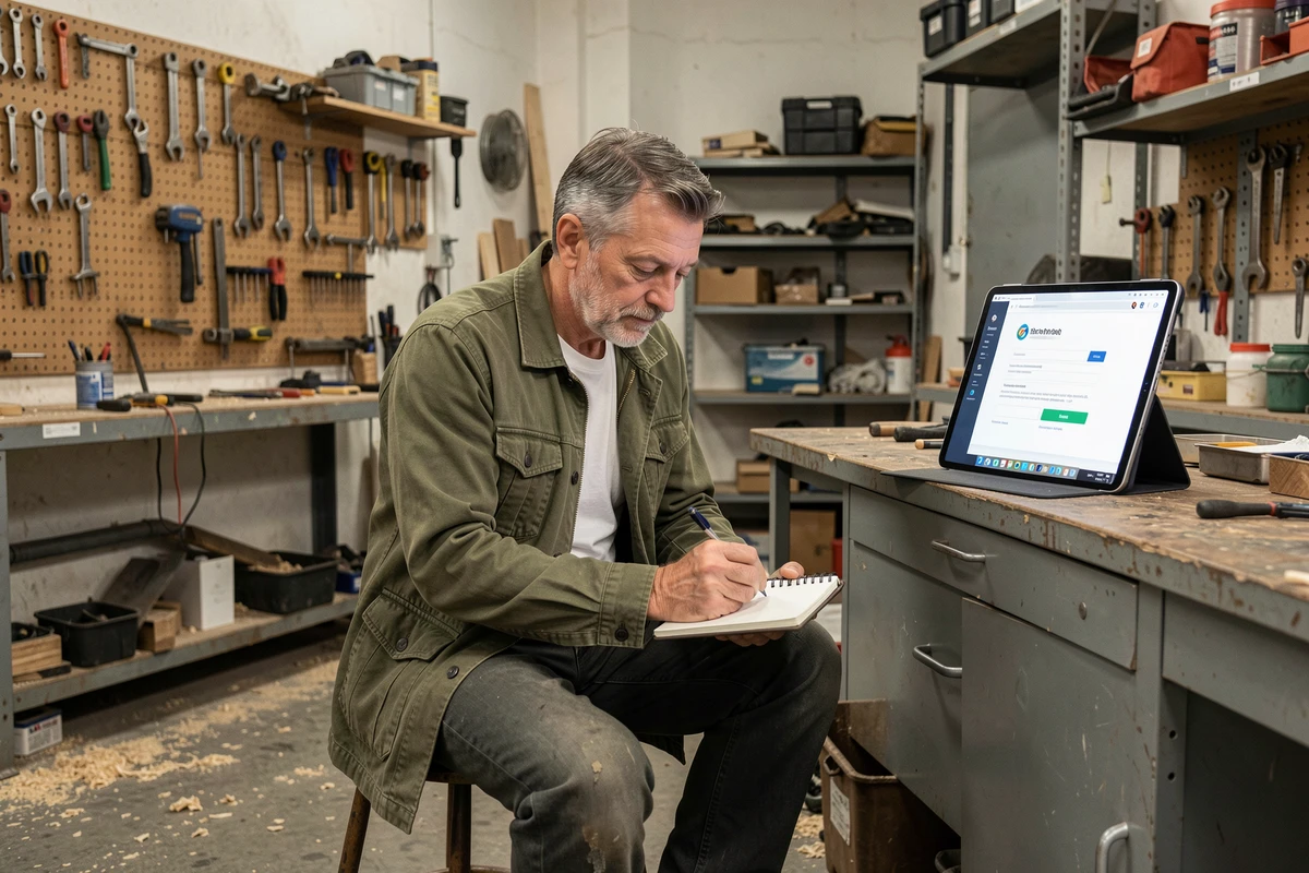 Artisan bricoleur prenant des notes dans son atelier pour contacter un service d'assistance en ligne