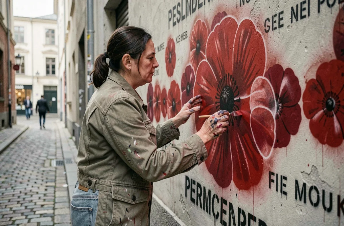 Femme artiste peignant un grand coquelicot rouge sur un mur urbain en béton, art de rue engagé symbolisant la mémoire et la résistance
