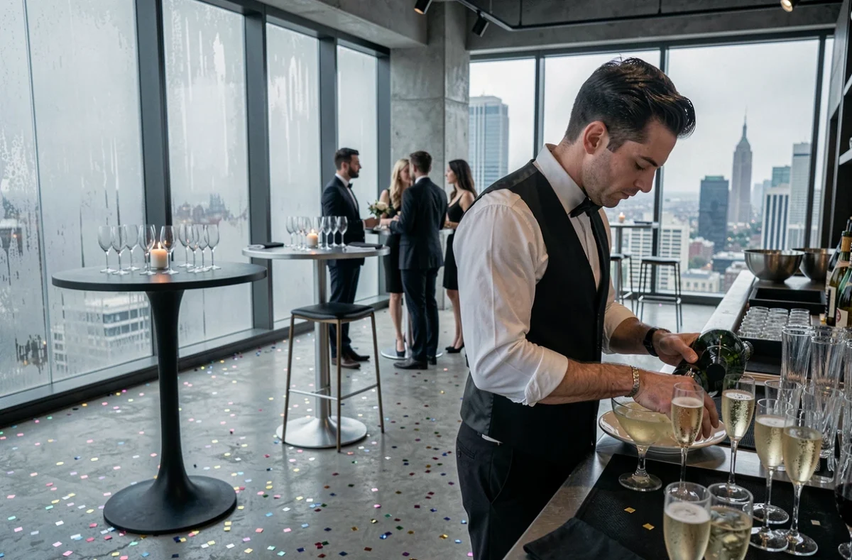 Bar rooftop élégamment décoré pour une soirée organisée le soir du Nouvel An 2026 avec vue sur les toits de la ville