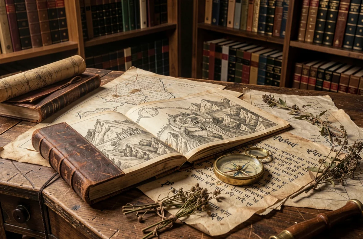 Bureau de cartographe ancien avec cartes manuscrites et journaux évoquant la quête du royaume mythique de Shamballa