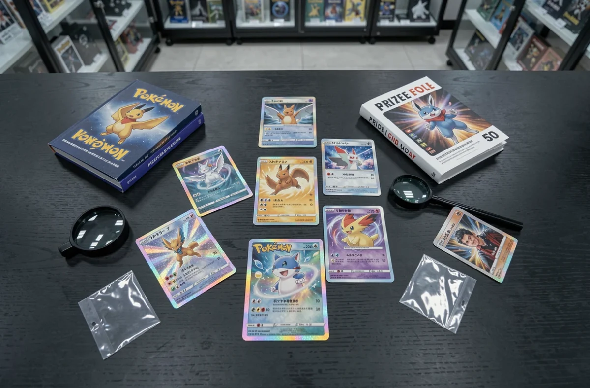 Disposition à plat de cartes Pokémon holographiques rares avec guide de cotation sur table en bois sombre