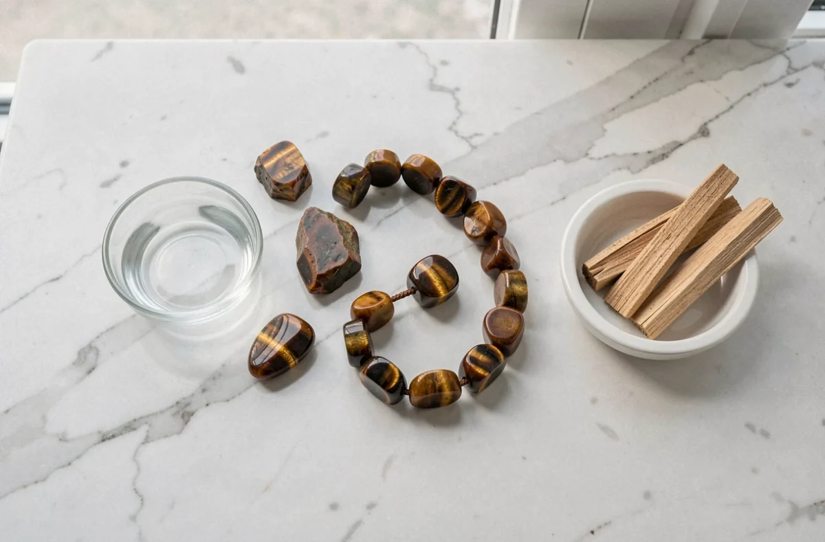 Collection de pierres Oeil du tigre brutes polies et bracelet sur marbre avec accessoires de purification cristaux