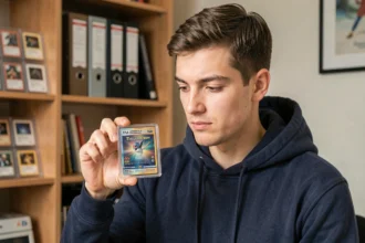 Collectionneur tenant une carte Pokémon rare gradée PSA dans son bureau de collection organisé