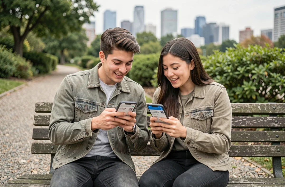 Deux jeunes adultes comparant des applications de scan manga sur leurs smartphones dans un parc urbain