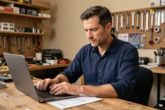 Homme consultant un document pour contacter un service de bricolage en ligne depuis son bureau à domicile