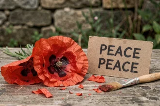 Coquelicots rouges posés sur du bois patiné à côté d'une pancarte de protestation peinte à la main, symbolisant l'art engagé et la paix