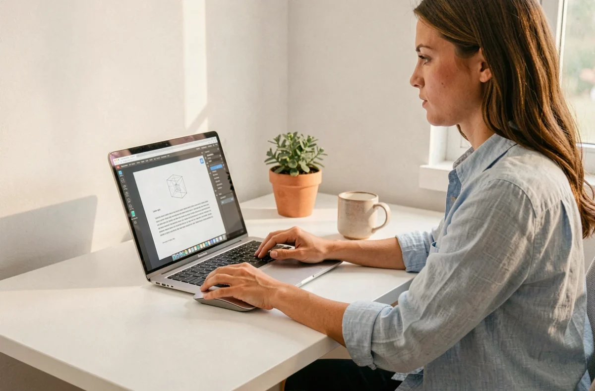 Designer UX travaillant sur un template avec du texte Lorem Ipsum affiché dans un logiciel de wireframing depuis un bureau à domicile