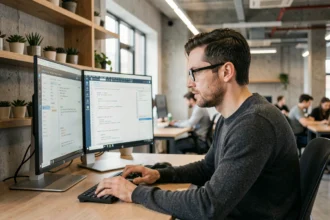 Développeur web intégrant du texte Lorem Ipsum dans un éditeur de code sur double écran dans un bureau moderne