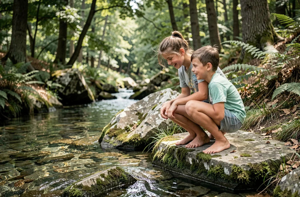Enfants explorant un ruisseau dans la nature verdoyante du Gers près de Monlezun