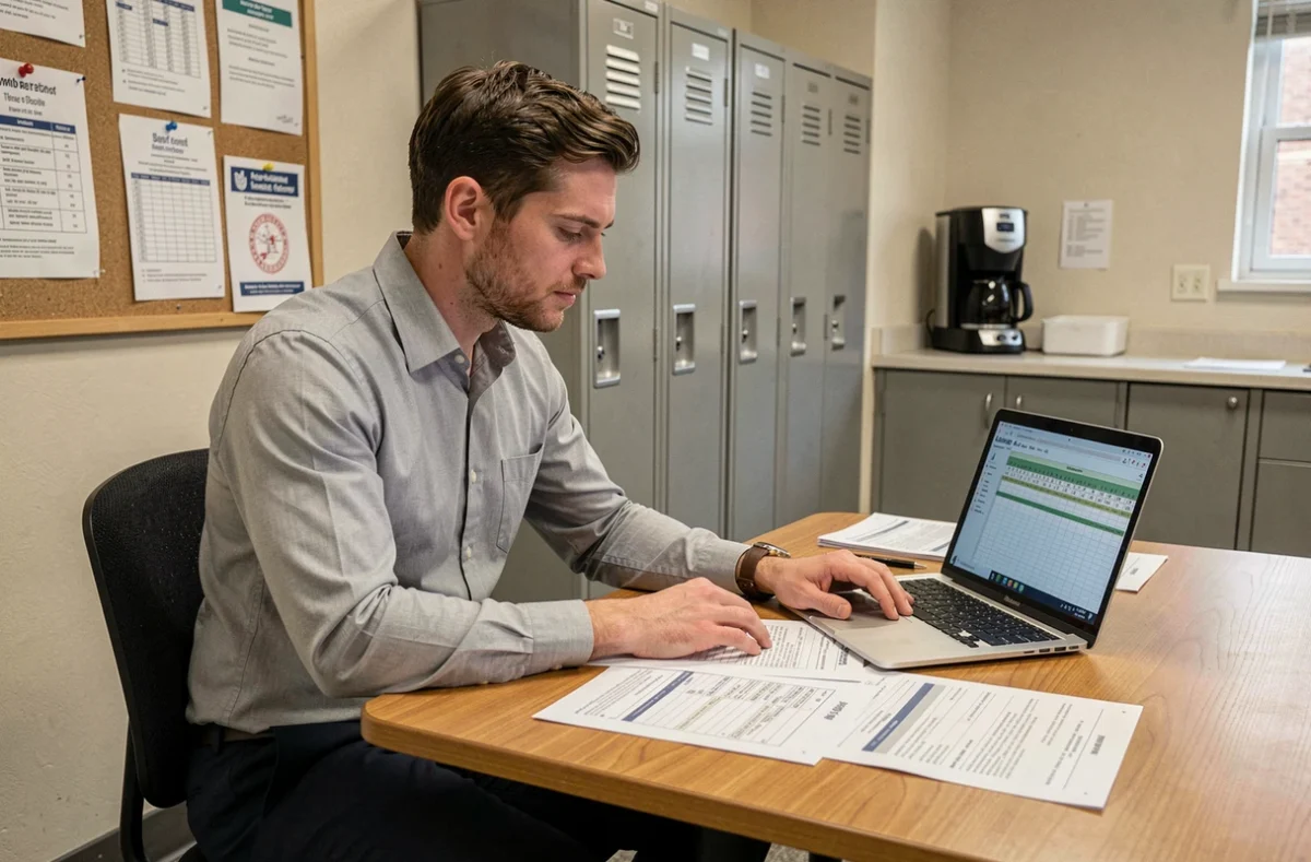Jeune enseignant consultant une grille de salaires sur papier et ordinateur portable dans une salle des professeurs