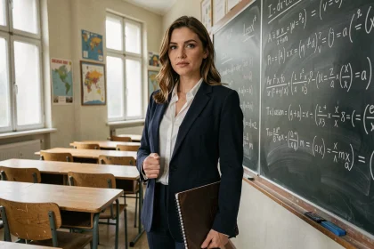 Enseignante dans une salle de classe devant un tableau noir, tenant un cahier, dans un contexte professionnel de l'éducation nationale
