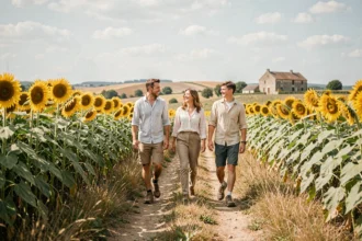Famille en balade dans les champs de tournesols du Gers près de Monlezun en été