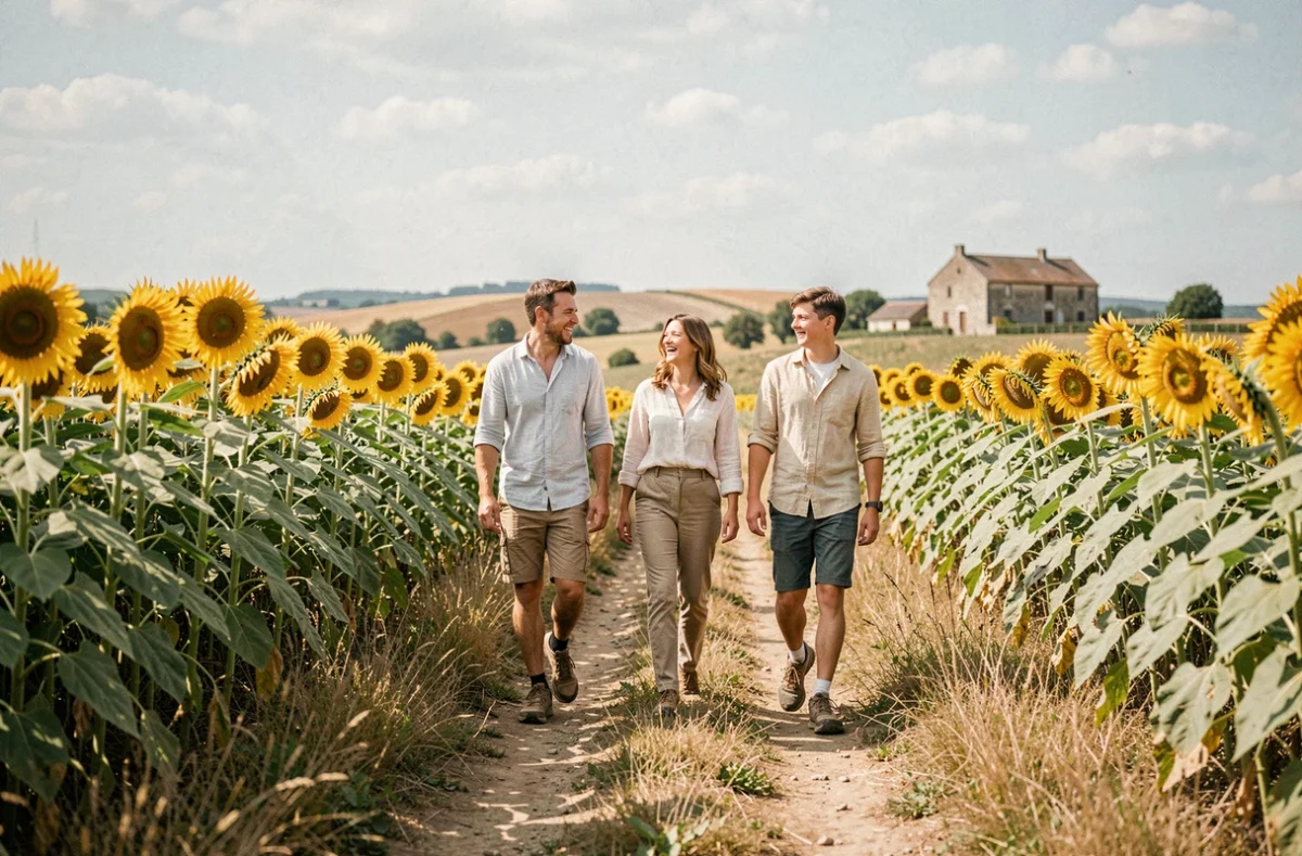 Famille en balade dans les champs de tournesols du Gers près de Monlezun en été