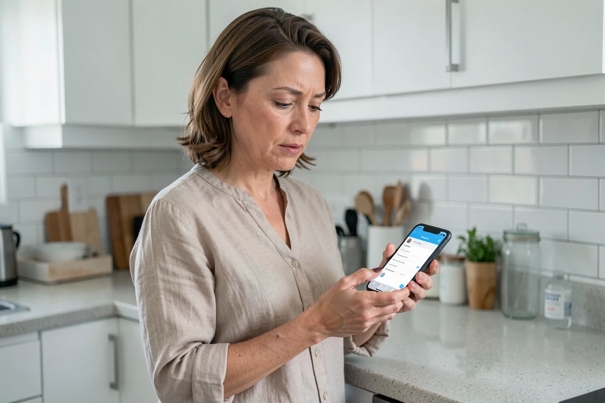 Femme utilisant son smartphone pour accéder au formulaire de contact d'un site de bricolage depuis sa cuisine