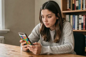 Jeune femme concentrée sur un jeu de mots Codycross affiché sur son smartphone, assise à un bureau en bois dans un bureau à domicile