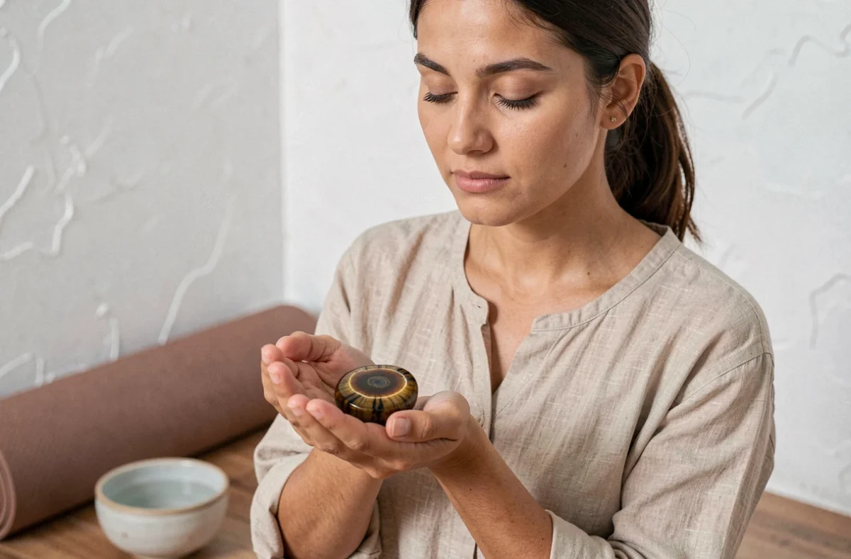 Femme tenant une pierre Oeil du tigre dans les mains en méditation pour activer ses pouvoirs spirituels