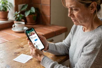 Femme utilisant un service de numéro inversé téléphone sur son smartphone dans une cuisine