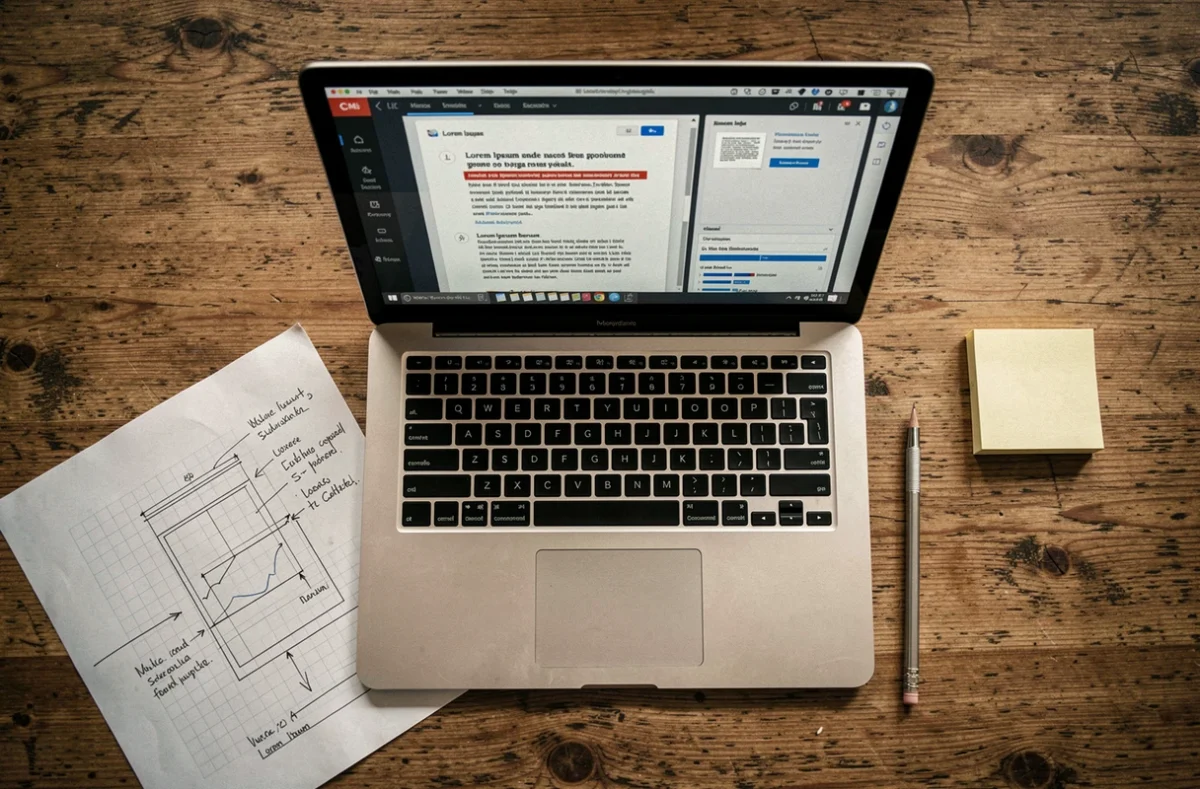 Vue aérienne d'un bureau avec un laptop affichant un éditeur CMS contenant du Lorem Ipsum et des documents de wireframe annotés à la main
