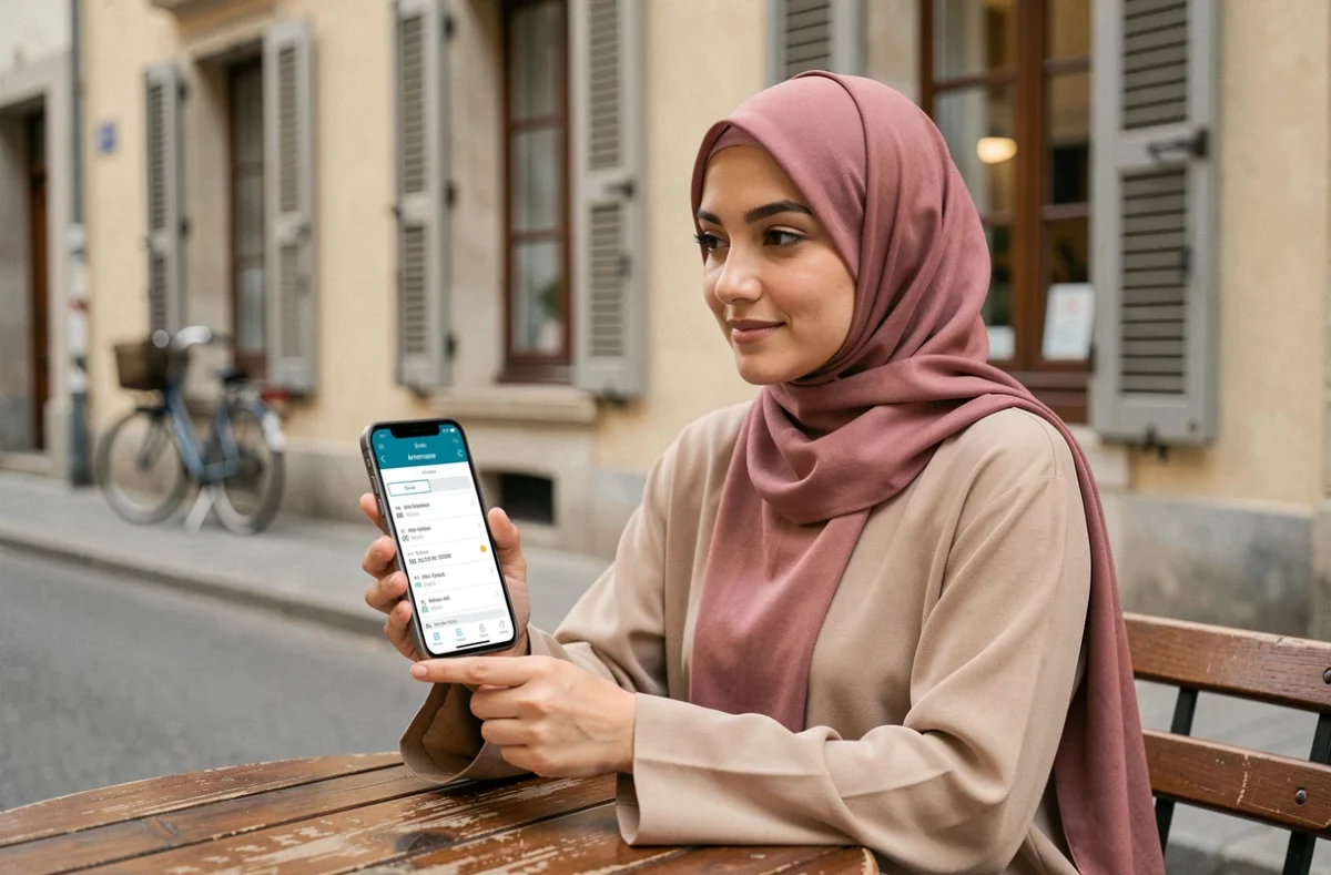 Femme consultant les heures de prière sur son téléphone à Annemasse
