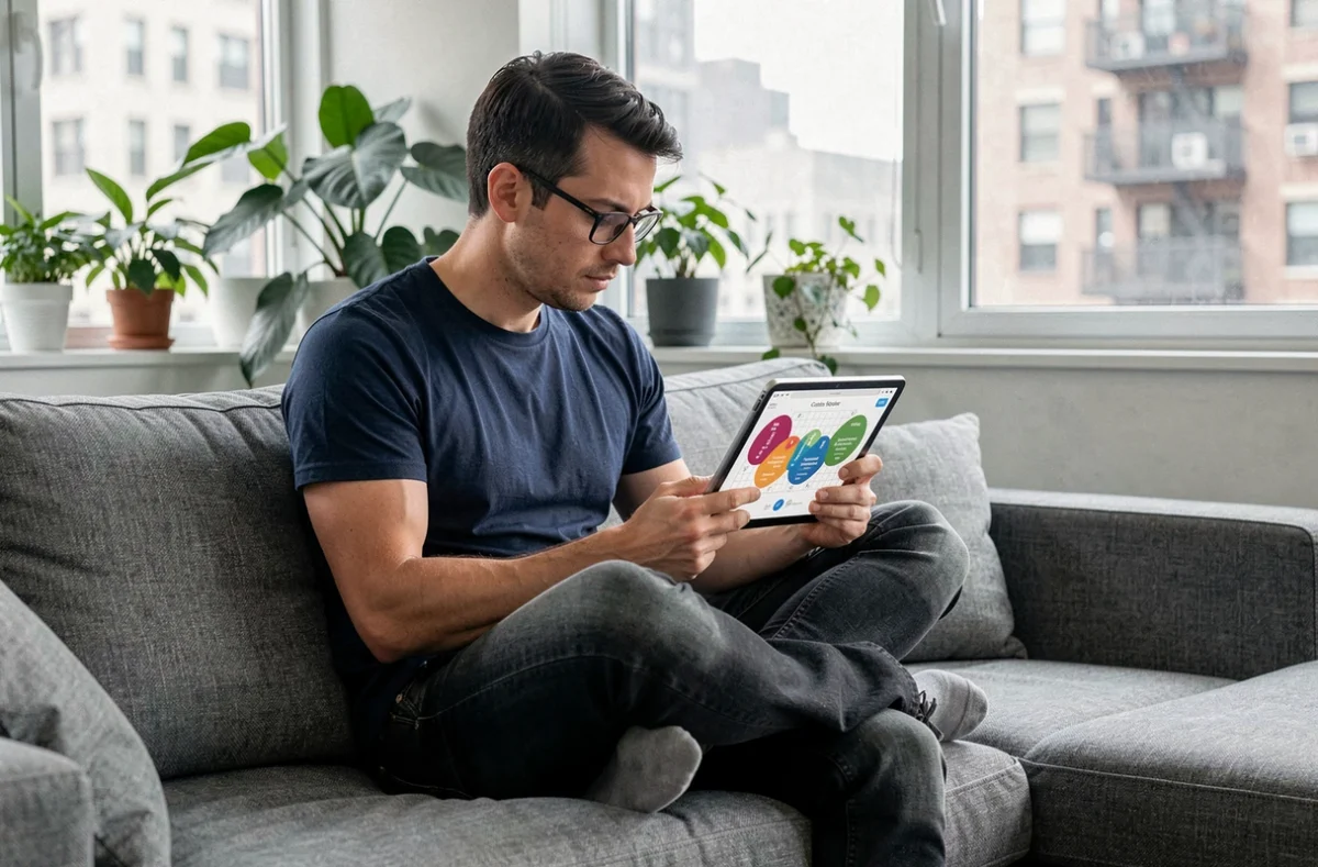 Homme avec lunettes jouant à Codycross sur une tablette posé sur un canapé gris dans un appartement moderne