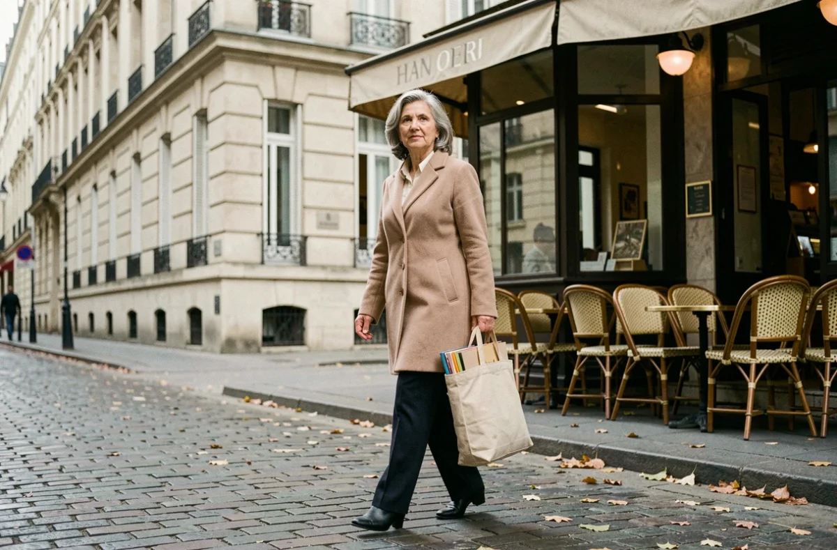 Femme élégante dans la soixantaine marchant dans une rue pavée parisienne en automne, illustrant la vie quotidienne et discrète d'Ingrid Betancourt en Europe