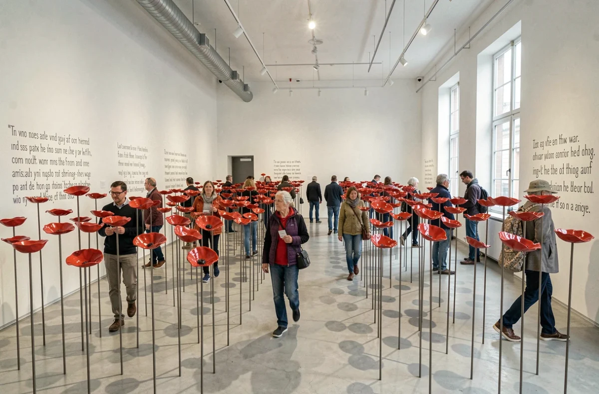 Installation artistique de coquelicots en céramique rouge dans une galerie d'art contemporaine, visiteurs contemplant une œuvre engagée sur la mémoire et la paix