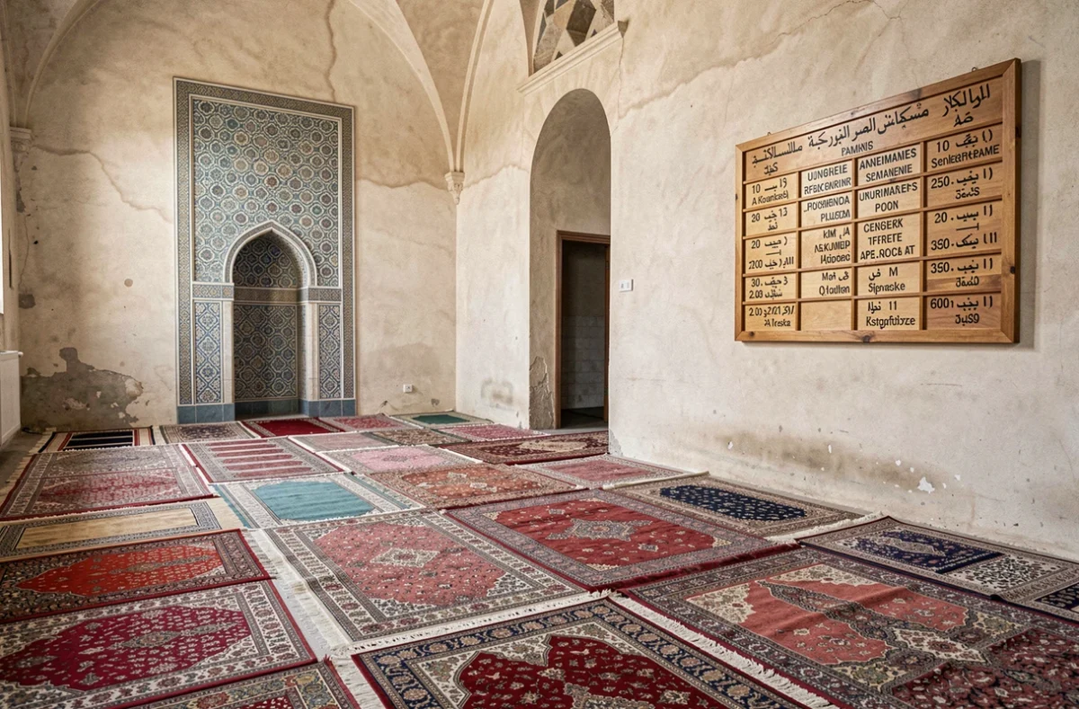 Intérieur d'une mosquée à Annemasse avec le tableau des horaires de prière affiché