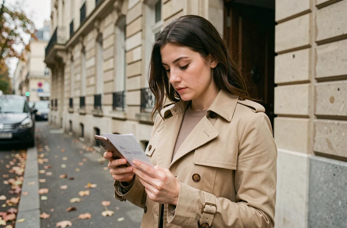 Jeune femme devant un immeuble consultant son téléphone pour retrouver un propriétaire par numéro inversé