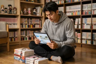 Jeune homme lisant des scans de manga sur une tablette entouré de volumes de manga dans un appartement cosy