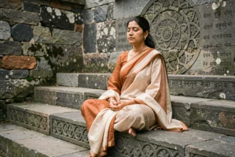 Femme en méditation sur les marches d'un monastère himalayen orné de mandalas sculptés, évoquant le mythe de Shamballa
