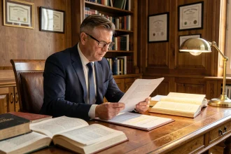Notaire examinant l'article 544 du code civil dans un bureau juridique traditionnel