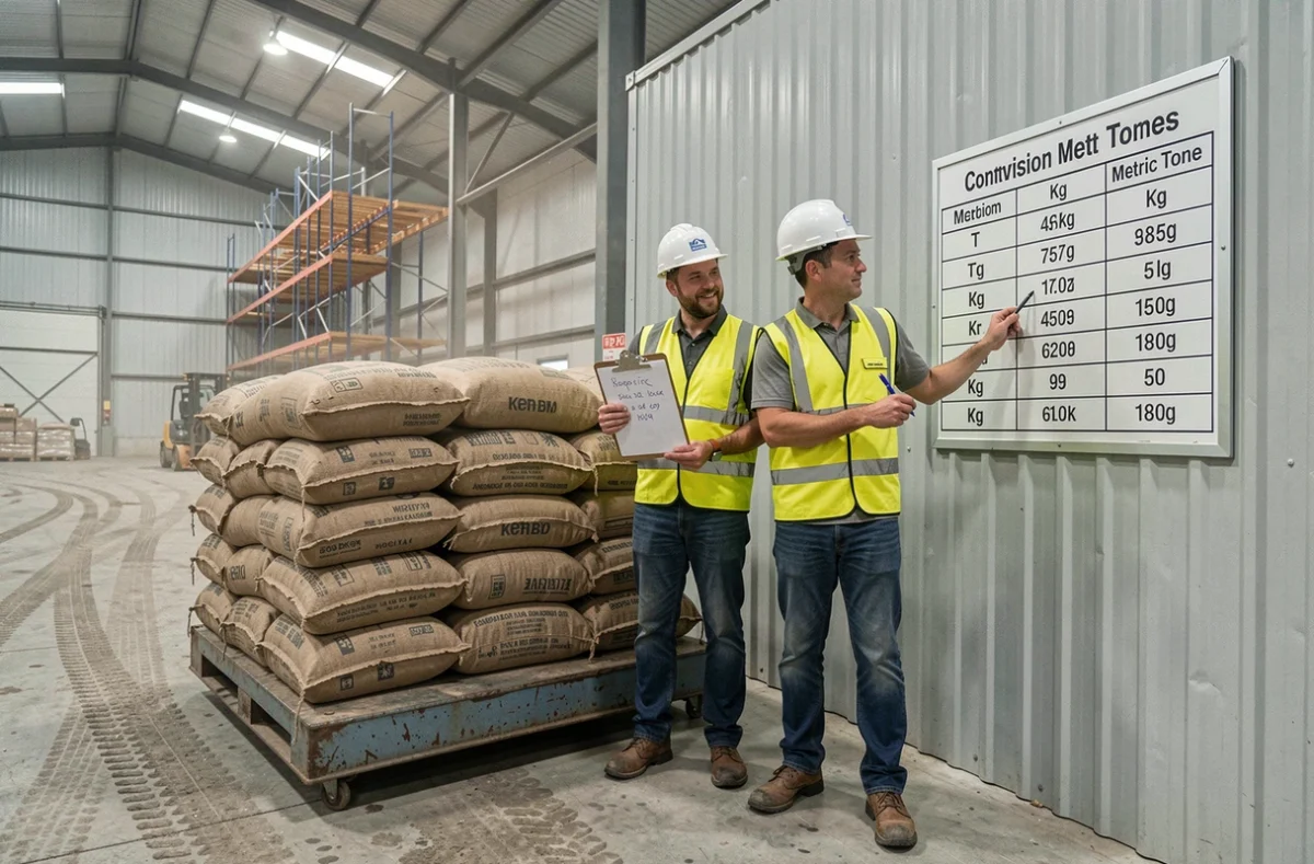 Deux ouvriers d'entrepôt consultant un tableau de conversion kilogrammes-tonnes près d'une balance industrielle chargée de sacs en vrac