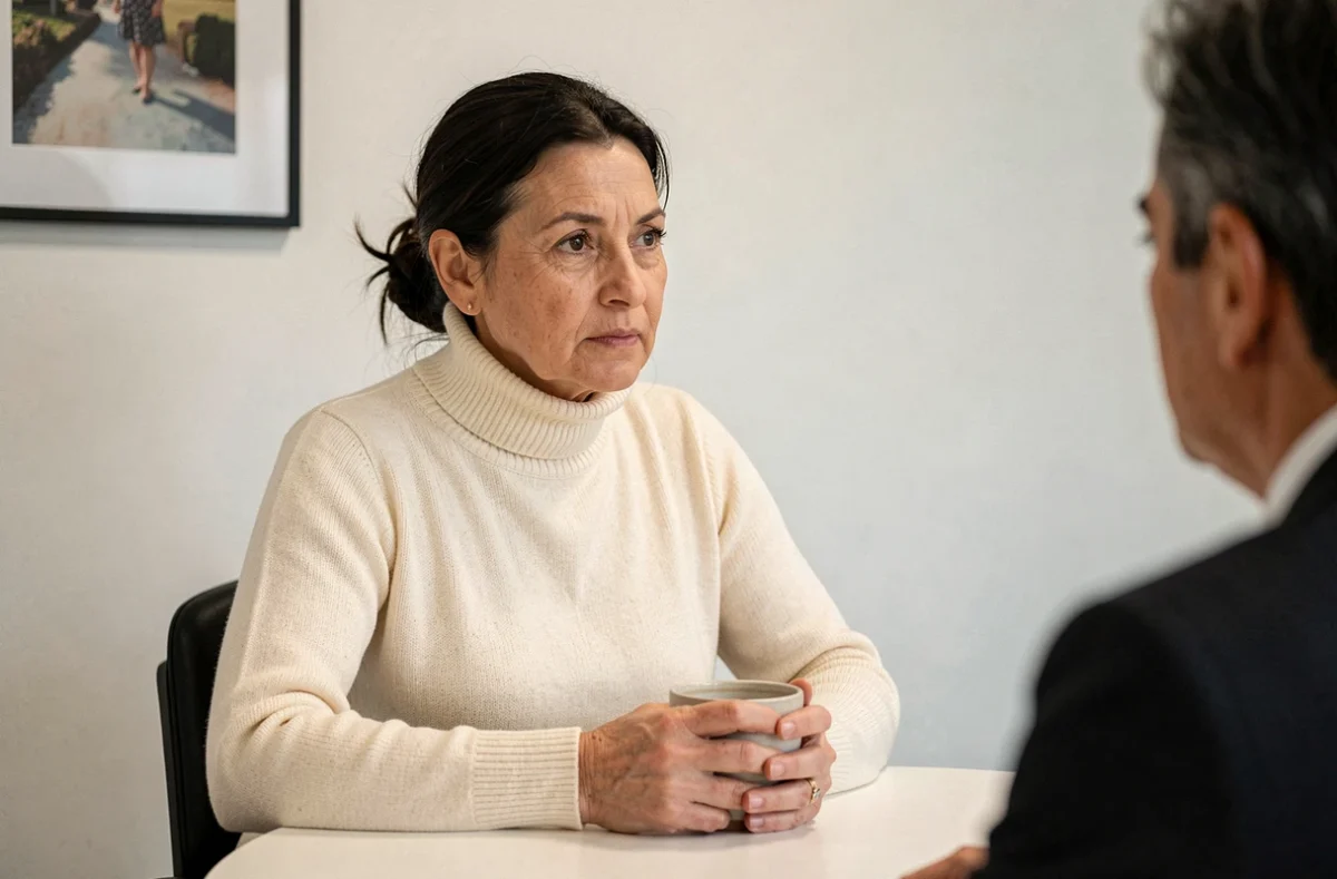 Portrait d'une femme dans la soixantaine lors d'un entretien intime dans une salle minimaliste, capturant la sérénité et la réflexion personnelle d'Ingrid Betancourt dans sa vie après la captivité