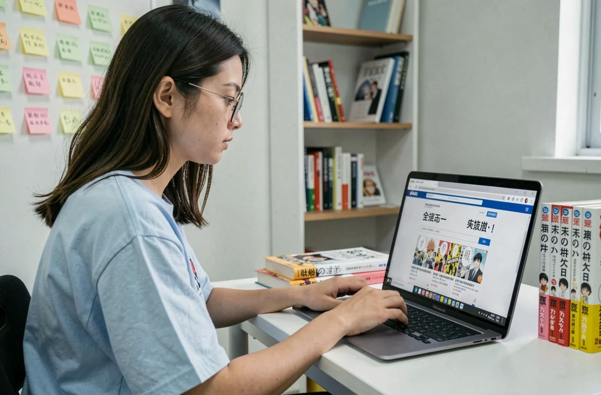Jeune femme recherchant des mangas sur un site de scan depuis son ordinateur portable dans un espace d'étude