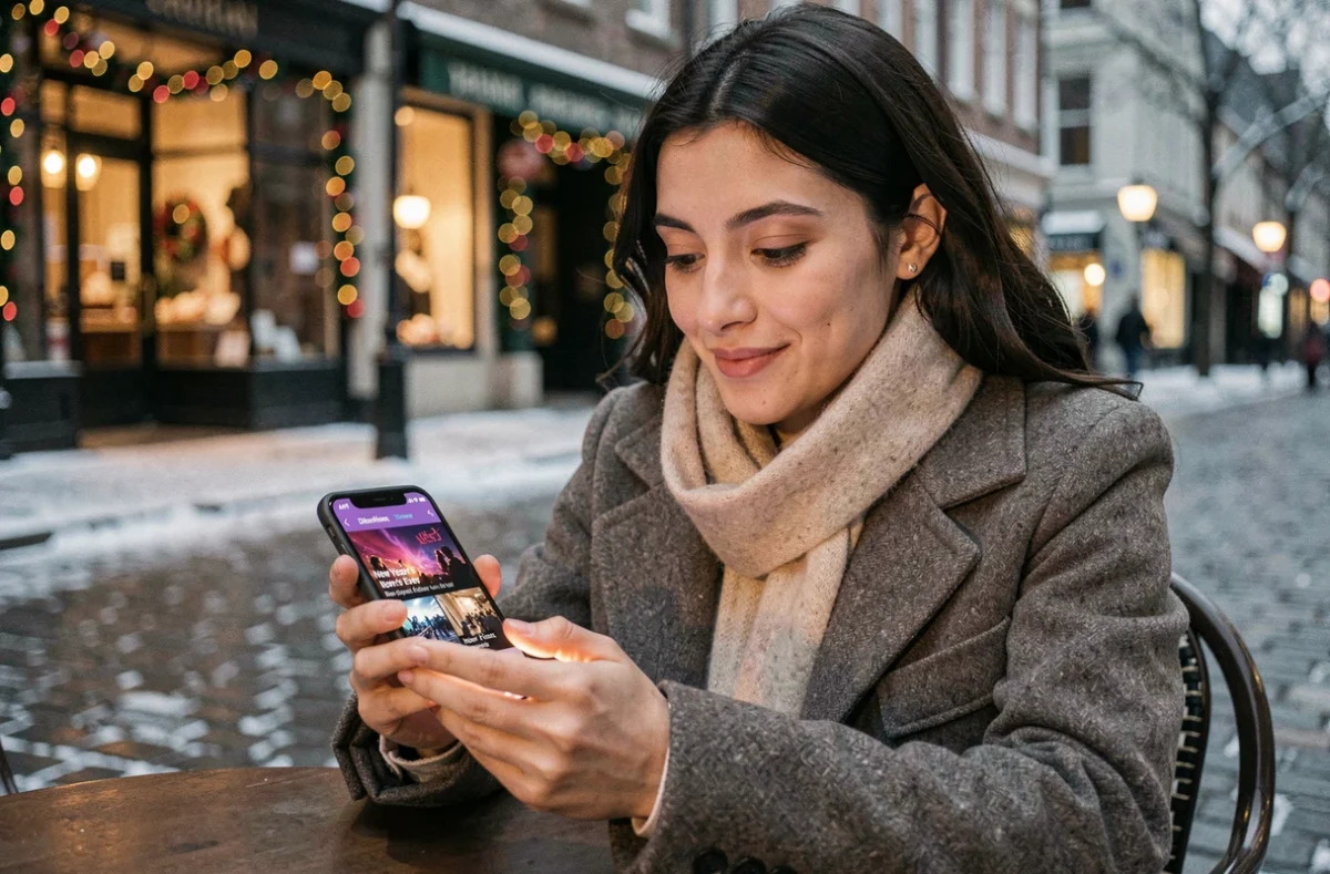 Jeune femme consultant son smartphone pour trouver une soirée du Nouvel An 2026 organisée près de chez elle en terrasse de café