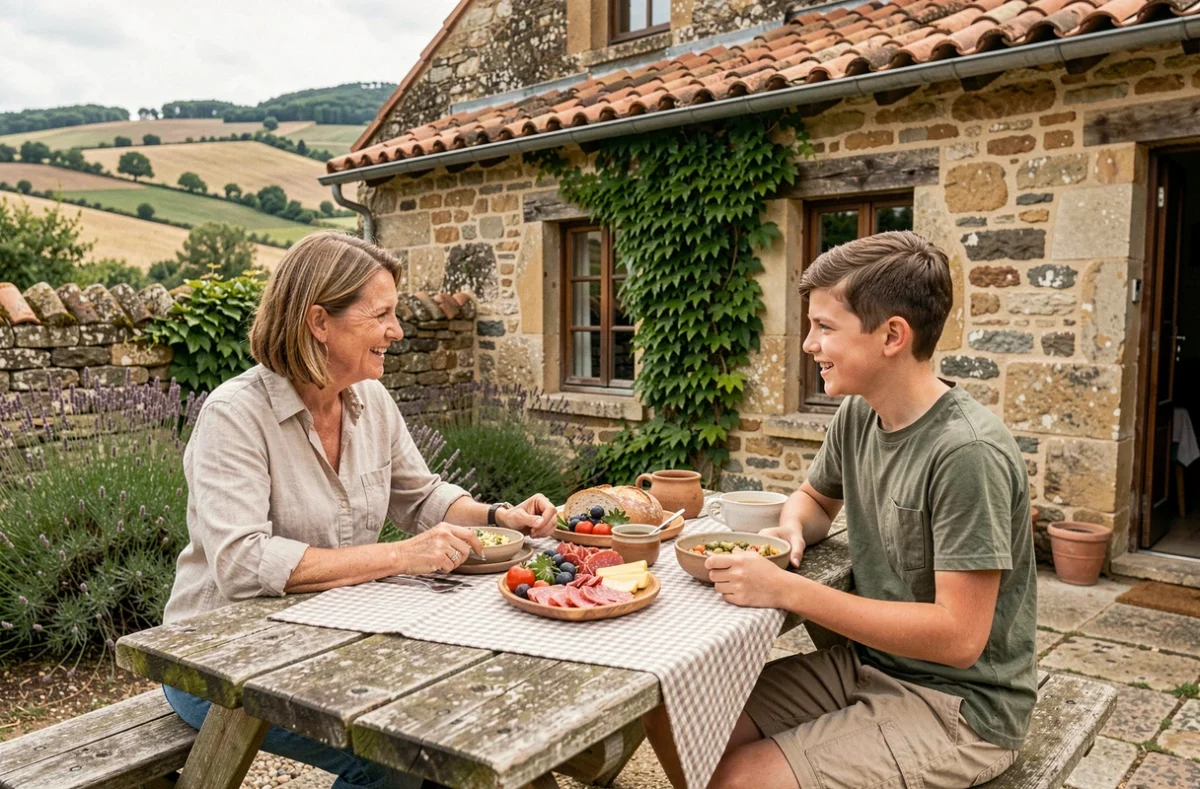 Repas en famille dans la cour d'une ferme en pierre du Gers à Monlezun