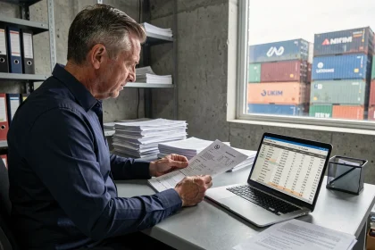 Responsable logistique consultant un tableau de conversion kilogrammes-tonnes dans un bureau portuaire industriel avec des conteneurs en arrière-plan
