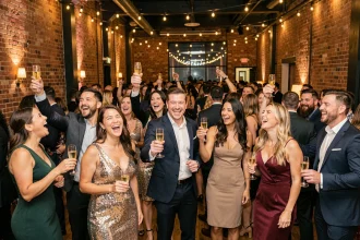 Groupe d'adultes élégants portant un toast au champagne lors d'une soirée du Nouvel An 2026 dans un lieu tendance à l'ambiance festive