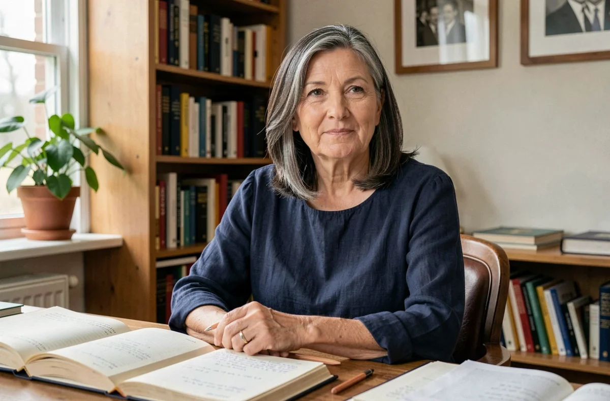Femme dans la soixantaine assise à un bureau en bois entouré de livres dans un bureau à domicile chaleureux, évoquant la vie privée et intellectuelle d'Ingrid Betancourt depuis sa libération